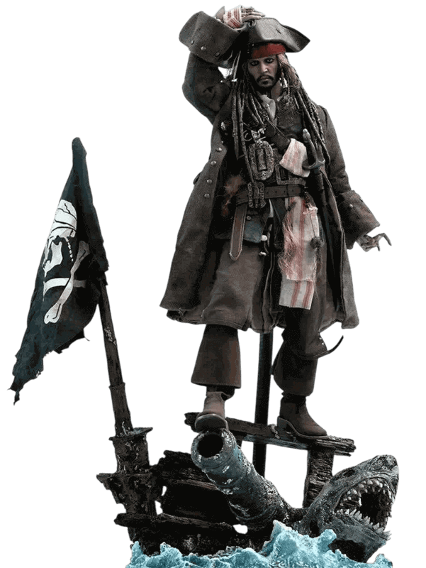 image of a jack sparrow figurine, he is holding his hat to his head and standing on a sunken ship.