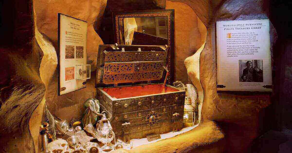 image of the worlds only surviving pirate chest. the camera is angled and the chest is opened.
